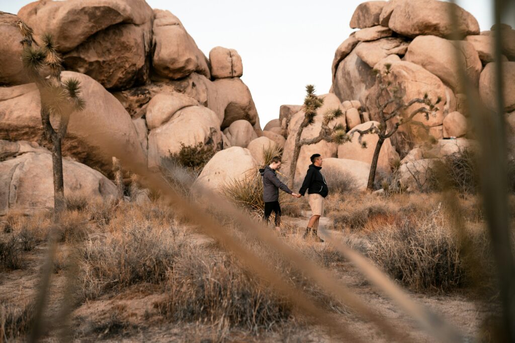 a coupe walking hand in hand on a trail in the mountains after completing relationship counseling