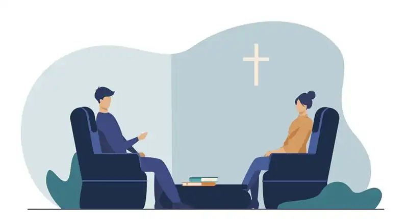 Illustration of a Christian counseling session with a cross in the background, symbolizing faith-based support.